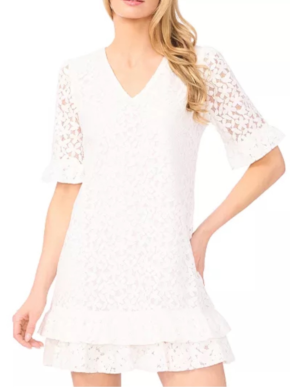 CeCe Lace V-Neck Shift Dress Floral Lace Mini Dress in White XL NWT
